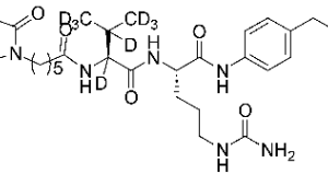 A chemical molecule is shown in black and white.